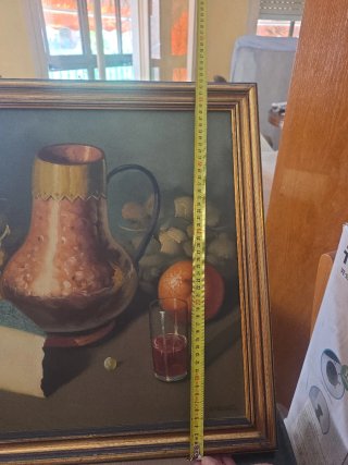 Óleo bodegón jarra uvas queso naranja