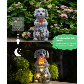 Escultura Perro Solar LED Resina Mariposa Flores