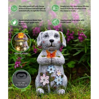 Escultura Perro Solar LED Resina Mariposa Flores