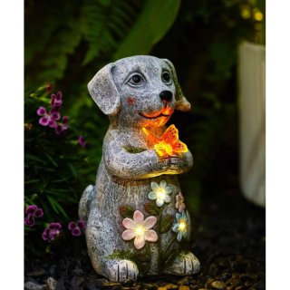 Escultura Perro Solar LED Resina Mariposa Flores