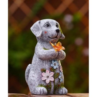 Escultura Perro Solar LED Resina Mariposa Flores