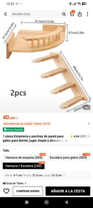 Escalera y hamaca para gatos de madera