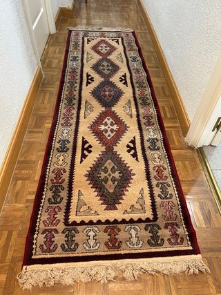 Alfombra pasillera lana geométrica beige/rojo