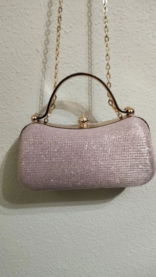 Bolso fiesta rosa pedrería asa dorada