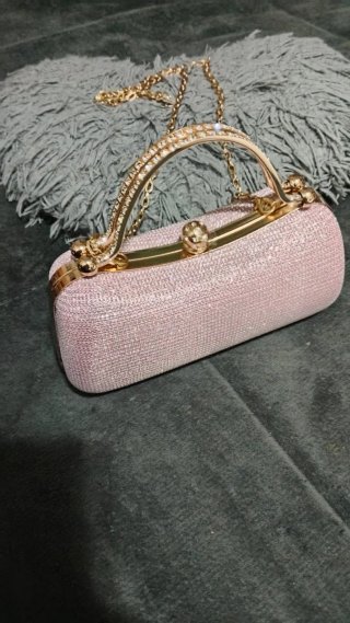 Bolso fiesta rosa pedrería asa dorada