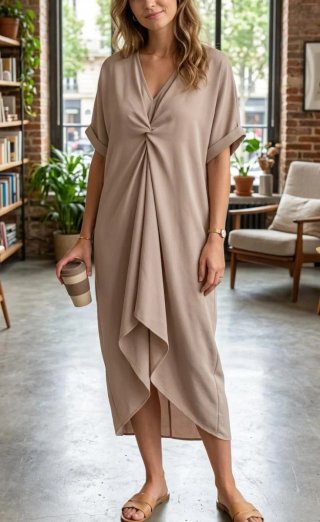 Vestido midi boho beige con nudo