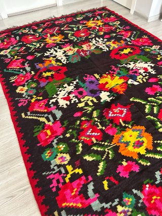 Tappeto Kilim Lana Nero e Rosso
