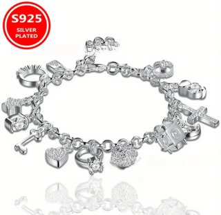 Pulsera S925 Mujer Chapada Plata Varios Colgantes