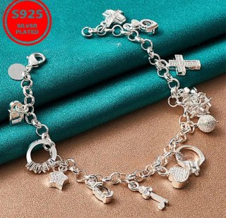 Pulsera S925 Mujer Chapada Plata Varios Colgantes