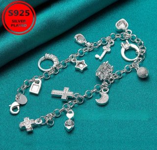 Pulsera S925 Mujer Chapada Plata Varios Colgantes