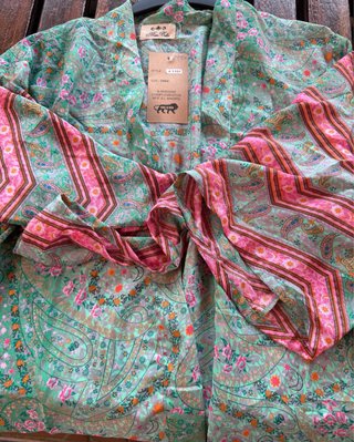 Kimono UDIN seda verde y rosa talla única