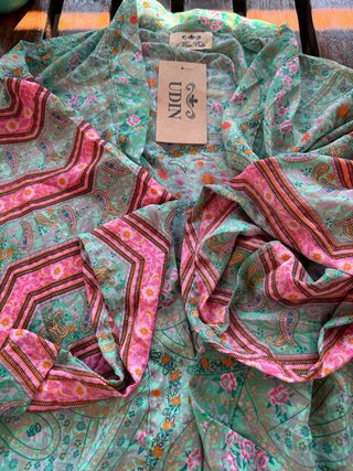 Kimono UDIN seda verde y rosa talla única