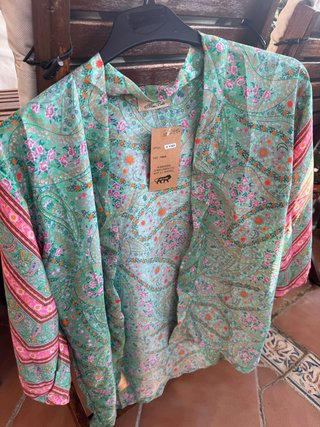 Kimono UDIN seda verde y rosa talla única