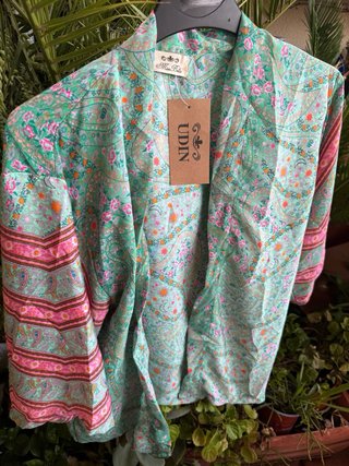 Kimono UDIN seda verde y rosa talla única