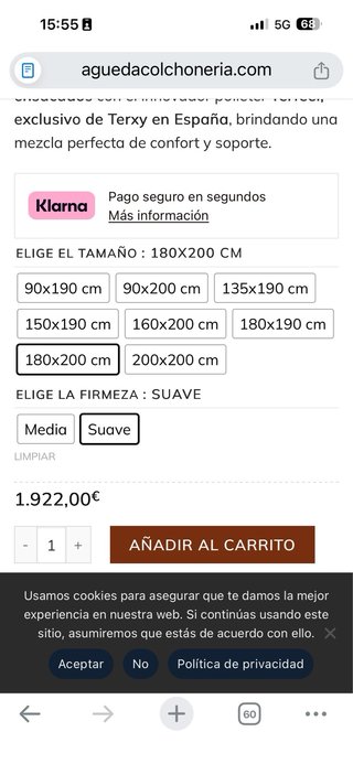 TERXY AURA SOFT 180x200 PREMIUM ESTADO EXCEPCIONAL