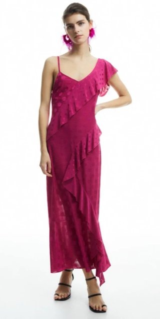Vestido rosa con lunares y volantes talla M
