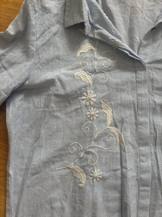 Camisa azul de rayas con bordados florales