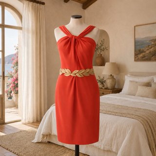 Vestido invitada rojo coral cuello halter