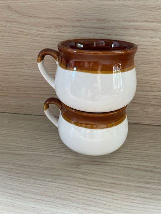 Set 2 Tazas Sopa Cerámica Marrón Blanca
