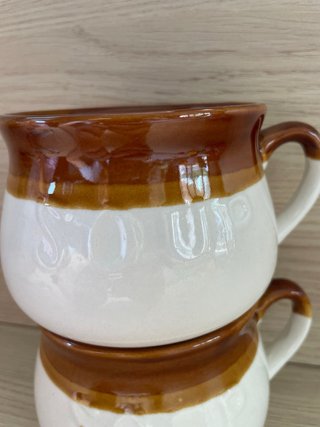 Set 2 Tazas Sopa Cerámica Marrón Blanca
