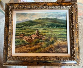 Cuadro paisaje pueblo y montañas