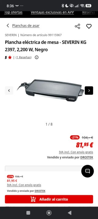 Plancha eléctrica Severin KG 2397 1800W  Antiadh