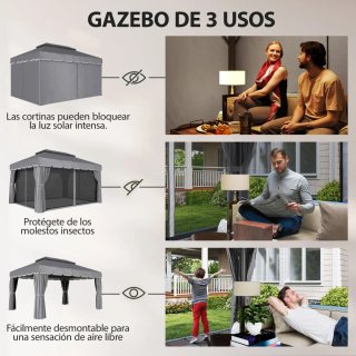 Cenador Jardín 4x3m Pabellón Gazebo Gris