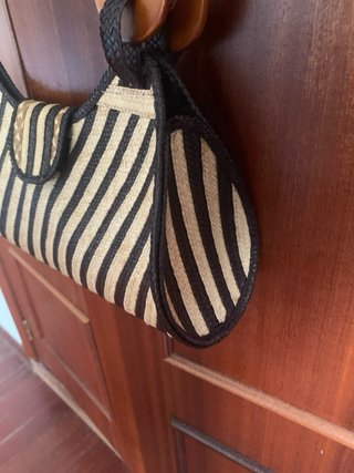 Bolso artesanal vintage rafia asa madera
