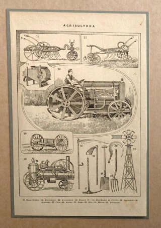 Pareja Grabados antiguo maquinaria agrícola 1900