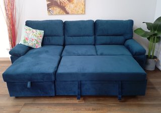 Sofá Cama ·Emma Azul, Chaiselong, ·Arcón. ¡Oferta!