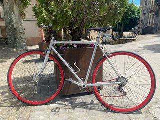 Bicicleta urbana plateada con ruedas rojas