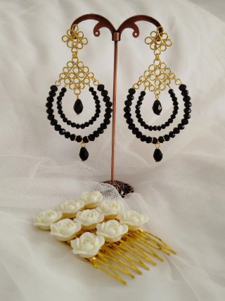 Pendientes fiesta o flamenca oro y negro