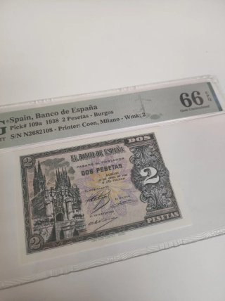 Billete 2 Pesetas España 1938 PMG 66
