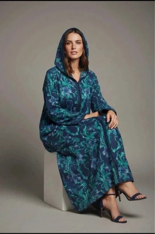 Djellaba Marroquí Azul y Verde con Capucha Hecha a