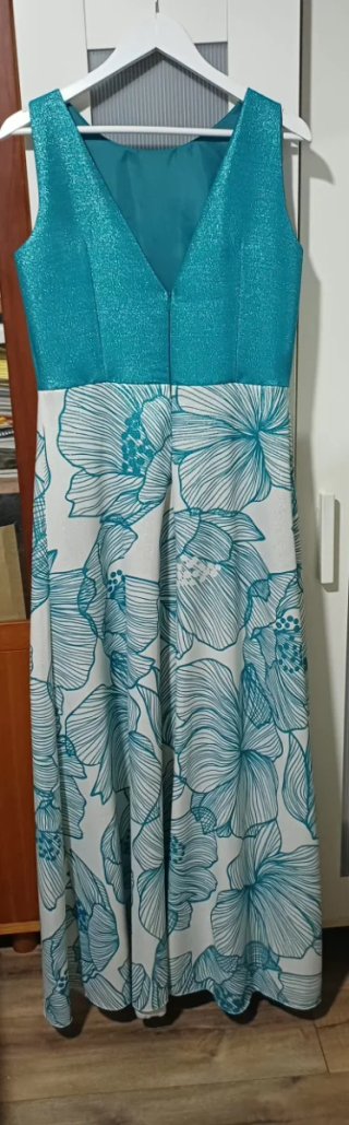 Vestido fiesta largo azul turquesa y blanco