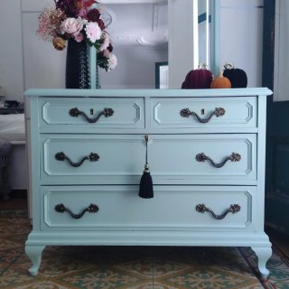 Cómoda Vintage Azul Claro • Mueble Tocador +Espejo