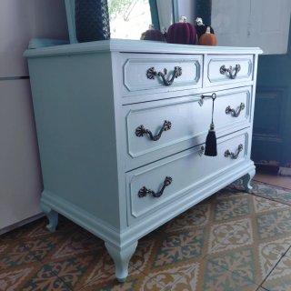 Cómoda Vintage Azul Claro • Mueble Tocador +Espejo