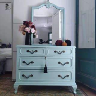 Cómoda Vintage Azul Claro • Mueble Tocador +Espejo