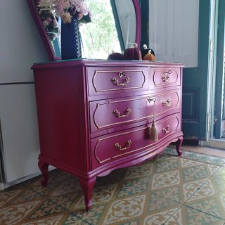 Cómoda Vintage Burdeos • Mueble Tocador + Espejo