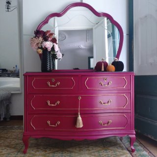 Cómoda Vintage Burdeos • Mueble Tocador + Espejo