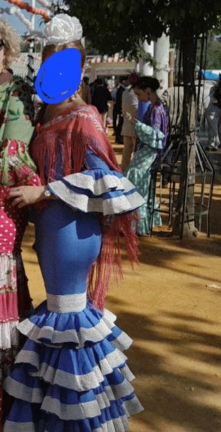 Traje Flamenca Azul con Encaje Bolillos