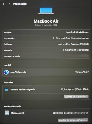 MacBook Air 13” 2020 Plata/Gris Espacial