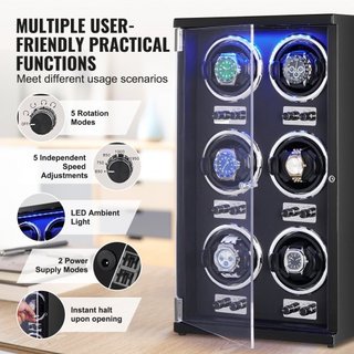 Reloj Winder, Reloj Winder para 6 Relojes Automáticos de Hombre y Mujer, con 6 Motores Japoneses Mabuchi Súper Silenciosos, Luz LED Azul y Adaptador, Carcasa de Tablero de Alta Densidad y PU Negro