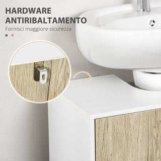 Mueble de Baño Bajo Lavabo de 2 Puertas con Estante Interno en Aglomerado y Acero, 60X30X60 Cm, Blanco y Roble