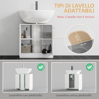 Mueble Bajo Lavabo Baño Inserto en Bambú, Mueble de Baño Sottolavandino Con Puertas de Madera Blanca, 60X30X60.5Cm