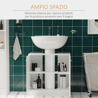Mueble Bajo Lavabo Baño Inserto en Bambú, Mueble de Baño Sottolavandino Con Puertas de Madera Blanca, 60X30X60.5Cm