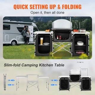 Tavolo da Cucina per Campeggio, Tavolo da Cucina Pieghevole per Esterno con Borsa di Stoccaggio, Stazione di Cucina in Alluminio con 3 Armadietti e Paravento Smontabile, Montaggio Rapido per Pic-nic...