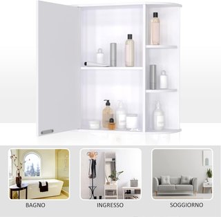 Espejo de Baño Contenedor, Armario de Baño con Espejo, Puerta Central y Estantes de Madera Blanca (66 X 17 X 63 Cm)