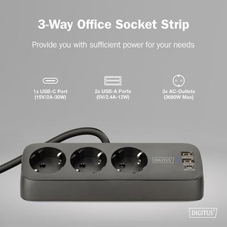 DIGITUS Regleta 3xSchuko 2x USB-A 1x USB-C Negro