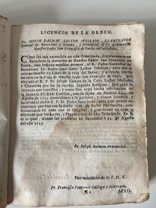 Libro Antiguo 1735 San Francisco de Paula